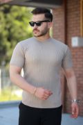 Erkek Bisiklet Yaka örgü Desenli Kısa örme Triko Kısa Kollu T-shirt resmi